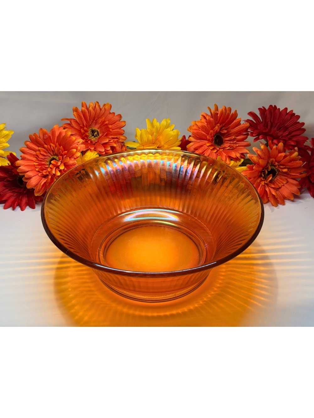 Vintage Orange Carnival Glass Ribbed Serving Bowl 10 Inch